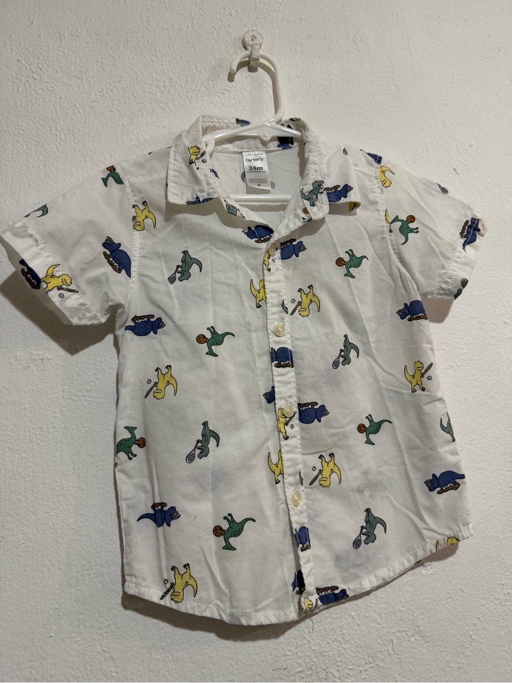 Carter's White Short-Sleeve Shirt with Blue, Yellow, and Green Dinosaur Print